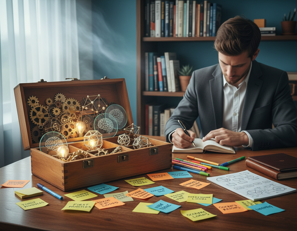 A beautifully organized workspace showcasing a "mental models toolbox." In the foreground, a wooden desk displays an open toolbox filled with various cognitive tools like gears, light bulbs, and diagrams, symbolizing different mental frameworks. Scattered around are vibrant sticky notes, colored pens, and a small notepad filled with sketches. In the middle ground, a person in professional business attire appears thoughtfully writing in a journal, surrounded by books on cognitive science. The background consists of a subtle gradient of calming blue and green tones, creating a serene atmosphere. Soft natural light filters through a nearby window, highlighting the sharp details and textures of the toolbox, suggesting a productive and inspiring environment. The overall mood is one of creativity and focus, inviting the viewer to explore their own mental models.