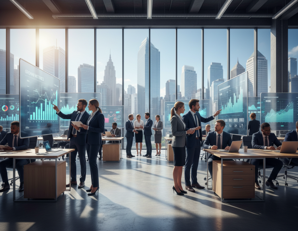 A bustling corporate market scene showcasing a competitive atmosphere focused on measurable outcomes. In the foreground, diverse professionals in tailored business attire engage in animated discussions, gesturing towards charts and graphs displayed on digital screens. The middle ground features a sleek, modern workspace with large glass windows, allowing natural light to flood the area, highlighting vibrant colors throughout. In the background, city skyscrapers loom, symbolizing growth and competition. The lighting is bright and energizing, casting a dynamic glow on the scene. The overall mood is one of ambition and productivity, capturing the essence of market culture in a corporate environment, where results and performance drive behavior.