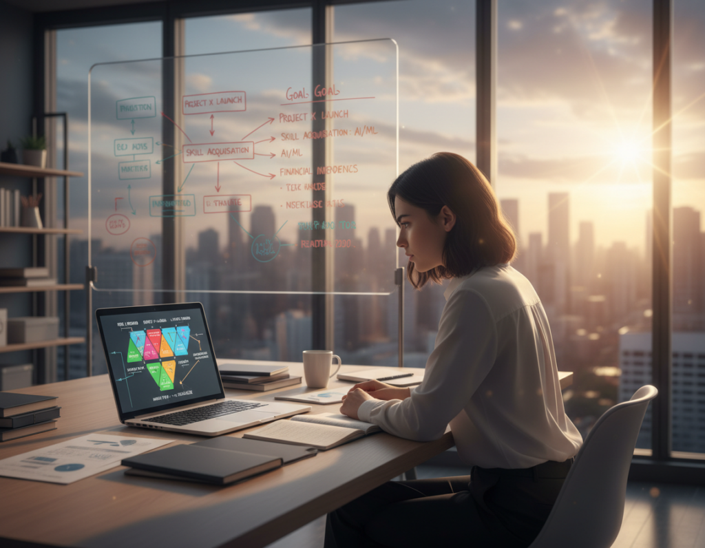 A contemplative young professional in a well-lit modern office, sitting at a sleek desk, surrounded by papers and a laptop. The foreground features the individual gazing thoughtfully at a decision matrix displayed on the screen, symbolizing choices and potential futures. In the middle ground, a whiteboard filled with mind maps and goal lists showcases various paths to success. The background reveals a large window with a city skyline, bathed in warm, golden evening light, creating an atmosphere of reflection and foresight. Soft shadows add depth, and a slight lens flare enhances the hopefulness of the scene. The overall mood conveys a sense of determination and clarity, emphasizing the importance of making choices that future self will appreciate. A contemplative young professional in a well-lit modern office, sitting at a sleek desk, surrounded by papers and a laptop. The foreground features the individual gazing thoughtfully at a decision matrix displayed on the screen, symbolizing choices and potential futures. In the middle ground, a whiteboard filled with mind maps and goal lists showcases various paths to success. The background reveals a large window with a city skyline, bathed in warm, golden evening light, creating an atmosphere of reflection and foresight. Soft shadows add depth, and a slight lens flare enhances the hopefulness of the scene. The overall mood conveys a sense of determination and clarity, emphasizing the importance of making choices that future self will appreciate.