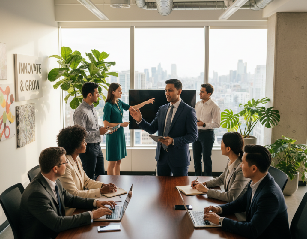 A diverse group of business professionals engaged in a dynamic discussion in a modern office setting. In the foreground, a confident leader gestures animatedly while standing at a sleek conference table, surrounded by attentive team members. The middle layer showcases individuals of different backgrounds, dressed in smart business attire, collaborating with laptops and notepads, symbolizing active participation and open communication. In the background, large windows let in natural light, casting a warm glow over the workspace, filled with greenery and motivational artwork. The mood is focused and energetic, reflecting a culture of teamwork and innovation, with an emphasis on leadership that fosters collaboration and continuous improvement. The perspective is slightly elevated to capture the essence of a productive meeting environment.