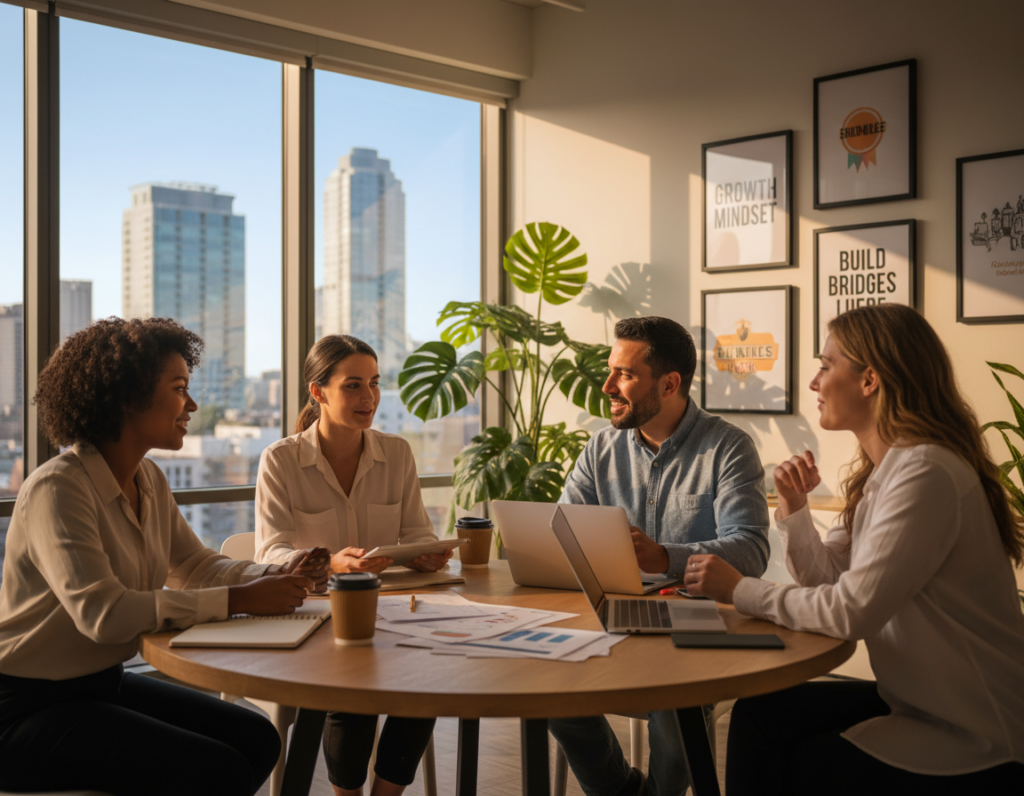 A diverse group of professionals, including a Black woman, a Hispanic man, and a Caucasian woman, engaged in a collaborative discussion around a round table, surrounded by papers and digital devices. In the foreground, focus on their expressions of trust and respect, showcasing a sense of connection and team spirit. The middle ground features a soft, well-lit, modern office space with house plants and motivational artwork on the walls, creating an inviting atmosphere. In the background, large windows reveal a bright, sunny skyline, symbolizing opportunity and growth. The lighting is warm and inviting, casting gentle shadows, while the overall mood conveys positivity and the importance of establishing strong relationships with realistic boundaries in professional settings.