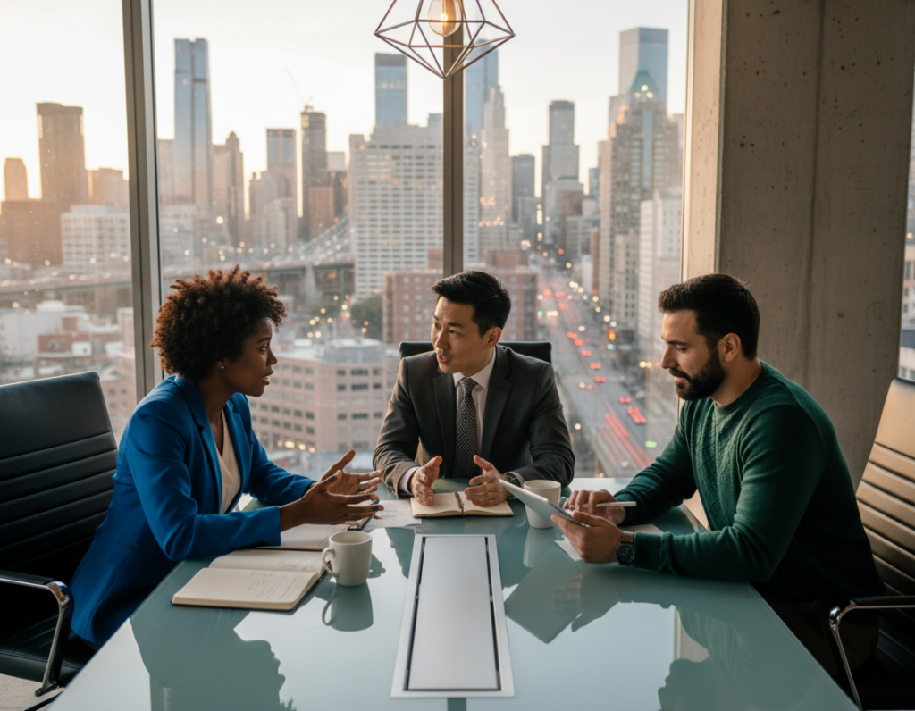 A diverse group of three professionals engaged in a dynamic discussion around a modern conference table, set against a sleek office backdrop with floor-to-ceiling windows showing a vibrant cityscape. The foreground features a woman in a smart, tailored blazer and a man in a crisp suit, both actively exchanging ideas, their gestures expressive and confident. A third person, casually dressed yet professional in a sweater, takes notes on a digital tablet. Warm, natural light filters through the windows, casting soft shadows and creating an inviting atmosphere. The composition conveys energy and collaboration, highlighting the essence of effective communication as a key component in leadership and teamwork. A wide-angle lens captures the scene, emphasizing the interaction and the modern workplace environment. A diverse group of three professionals engaged in a dynamic discussion around a modern conference table, set against a sleek office backdrop with floor-to-ceiling windows showing a vibrant cityscape. The foreground features a woman in a smart, tailored blazer and a man in a crisp suit, both actively exchanging ideas, their gestures expressive and confident. A third person, casually dressed yet professional in a sweater, takes notes on a digital tablet. Warm, natural light filters through the windows, casting soft shadows and creating an inviting atmosphere. The composition conveys energy and collaboration, highlighting the essence of effective communication as a key component in leadership and teamwork. A wide-angle lens captures the scene, emphasizing the interaction and the modern workplace environment.