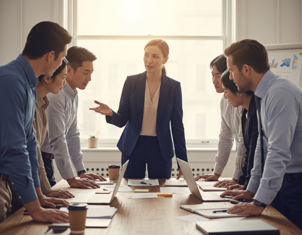 A dynamic office environment showcases a diverse group of professionals demonstrating leadership skills. In the foreground, a confident woman in business attire gestures as she leads a discussion, her expression focused and inspirational. Surrounding her, several colleagues attentively listen, showcasing a mix of men and women of different ethnicities, all dressed in smart business casual wear. The middle of the scene features a large conference table with laptops and notebooks, evoking a collaborative atmosphere. In the background, large windows let in natural light, illuminating the room and creating a warm, inviting ambiance. The image captures the essence of teamwork and proactive leadership with a professional lens perspective, focusing on authenticity and engagement. The overall mood is empowering and motivational, reflecting the power of operating like a leader. A dynamic office environment showcases a diverse group of professionals demonstrating leadership skills. In the foreground, a confident woman in business attire gestures as she leads a discussion, her expression focused and inspirational. Surrounding her, several colleagues attentively listen, showcasing a mix of men and women of different ethnicities, all dressed in smart business casual wear. The middle of the scene features a large conference table with laptops and notebooks, evoking a collaborative atmosphere. In the background, large windows let in natural light, illuminating the room and creating a warm, inviting ambiance. The image captures the essence of teamwork and proactive leadership with a professional lens perspective, focusing on authenticity and engagement. The overall mood is empowering and motivational, reflecting the power of operating like a leader.