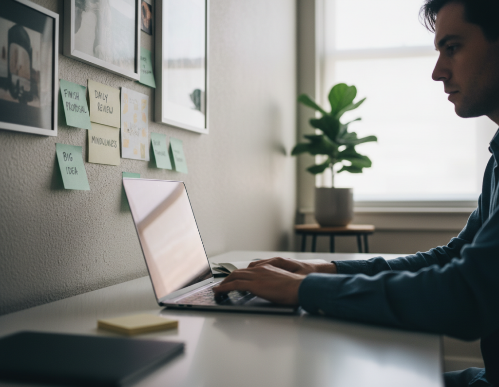 A focused individual sitting at a sleek, modern desk surrounded by a well-organized workspace. In the foreground, a close-up of their hands typing on a laptop, fingers poised over the keys with intent. The middle layer features a wall of inspiring images and sticky notes displaying goals and reminders, subtly blurred to emphasize the subject. The background contains soft, diffused natural light coming through a large window, casting gentle shadows and creating a serene atmosphere. A peaceful indoor plant adds a touch of calmness, contrasting with the dynamic energy of focus. The overall mood is one of concentration, determination, and efficiency, encouraging viewers to visualize the clarity and motivation needed to build personal focus strategies under pressure.