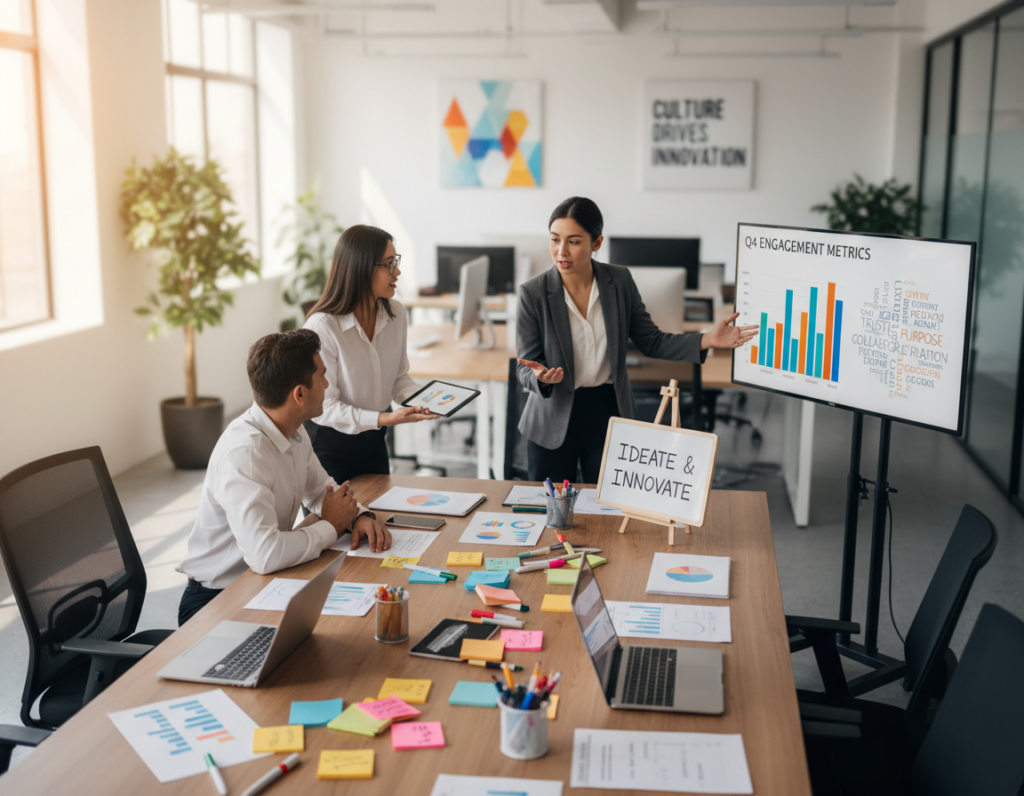 A modern office setting showcasing a diverse array of engagement tools positioned on a sleek conference table in the foreground, with items like laptops, feedback forms, charts, and collaborative tools like post-it notes and whiteboards. The middle ground features a group of three professionals in smart business attire engaged in discussion, gesturing towards a presentation on an adjacent screen. The background is softly blurred, revealing a well-lit open office environment with plants and motivational artwork on the walls. Warm, natural lighting floods the space, creating an inviting atmosphere that conveys collaboration and innovation. The composition is shot from a slight overhead angle to capture the dynamic interaction and tools effectively, emphasizing the importance of culture in fostering engagement.