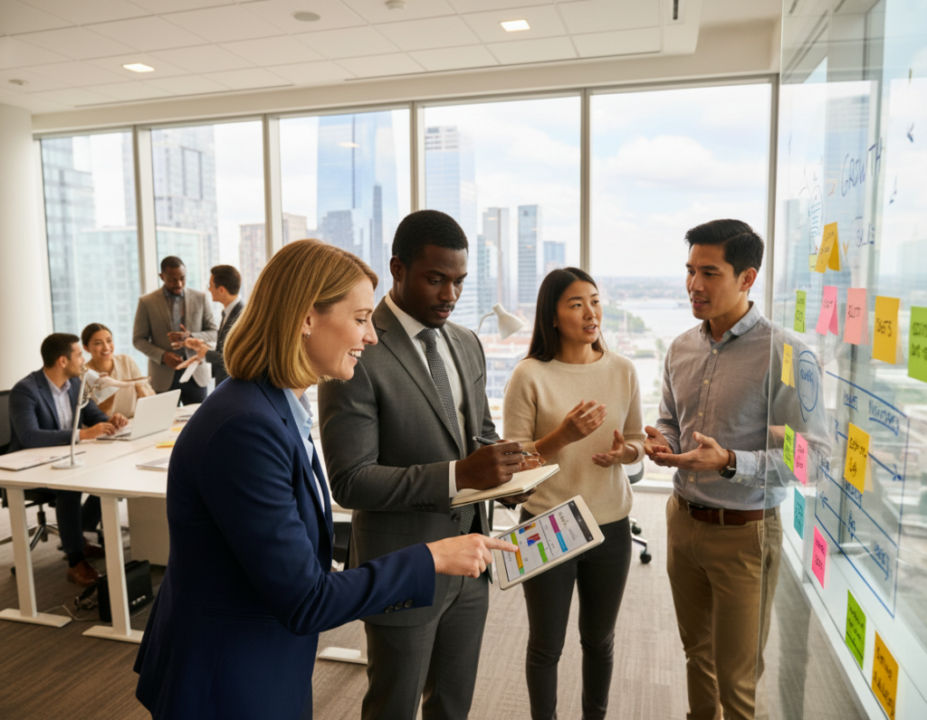 A professional office environment bustling with activity, showcasing a diverse group of individuals collaborating on a career development plan. In the foreground, a Caucasian woman in a smart blazer enthusiastically points to a digital tablet displaying a project timeline, while a Black man in a tailored suit takes notes. In the middle ground, colleagues are engaged in animated discussions around a whiteboard filled with goal-oriented diagrams and post-it notes. The background features a large window allowing natural light to flood the space, with city views that evoke a sense of ambition and progress. The scene conveys a vibrant atmosphere of teamwork and determination, utilizing warm lighting to enhance the motivational mood, captured from a slightly elevated angle that highlights the collaborative spirit of the moment. A professional office environment bustling with activity, showcasing a diverse group of individuals collaborating on a career development plan. In the foreground, a Caucasian woman in a smart blazer enthusiastically points to a digital tablet displaying a project timeline, while a Black man in a tailored suit takes notes. In the middle ground, colleagues are engaged in animated discussions around a whiteboard filled with goal-oriented diagrams and post-it notes. The background features a large window allowing natural light to flood the space, with city views that evoke a sense of ambition and progress. The scene conveys a vibrant atmosphere of teamwork and determination, utilizing warm lighting to enhance the motivational mood, captured from a slightly elevated angle that highlights the collaborative spirit of the moment.