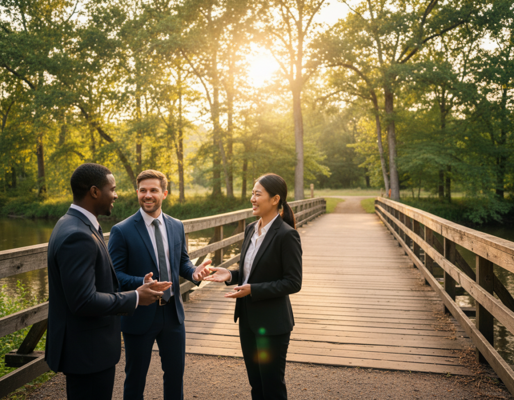 A serene and hopeful scene depicting the essence of "rebuilding trust." In the foreground, a diverse group of three individuals—two men and one woman—encounter one another in a natural setting, each dressed in professional business attire. They are engaged in a friendly conversation, smiling and gesturing towards one another, symbolizing openness and sincerity. In the middle ground, a sturdy wooden bridge, partially crossed, represents the journey of rebuilding connections after a setback. In the background, a tranquil river reflects soft sunlight filtering through lush trees, enhancing the calm atmosphere. The lighting is warm and inviting, creating a sense of optimism. The angle captures both the individuals and the bridge, emphasizing their shared path towards renewed trust. The overall mood is uplifting, fostering a sense of hope and reconciliation. A serene and hopeful scene depicting the essence of "rebuilding trust." In the foreground, a diverse group of three individuals—two men and one woman—encounter one another in a natural setting, each dressed in professional business attire. They are engaged in a friendly conversation, smiling and gesturing towards one another, symbolizing openness and sincerity. In the middle ground, a sturdy wooden bridge, partially crossed, represents the journey of rebuilding connections after a setback. In the background, a tranquil river reflects soft sunlight filtering through lush trees, enhancing the calm atmosphere. The lighting is warm and inviting, creating a sense of optimism. The angle captures both the individuals and the bridge, emphasizing their shared path towards renewed trust. The overall mood is uplifting, fostering a sense of hope and reconciliation.