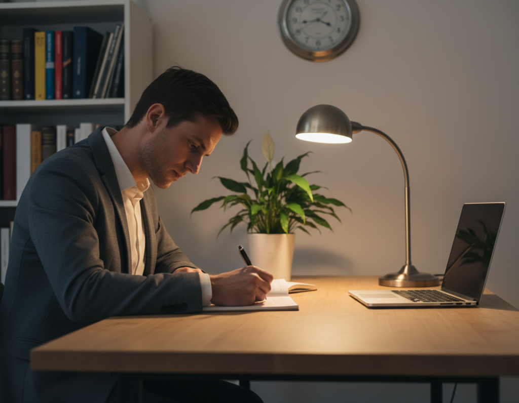 A serene, focused workspace emphasizing the concept of single-tasking. In the foreground, a professional person in modest business attire sits at a neatly organized desk, deeply engrossed in writing on a notebook, a focused expression on their face. In the middle layer, a minimalistic laptop and an elegant desk lamp illuminate the space with warm, soft lighting, casting gentle shadows. The background features a calming green plant and shelves neatly arranged with books and a clock, indicating the passage of time. The atmosphere is tranquil and focused, with a soft depth of field effect creating emphasis on the subject, capturing the essence of concentration and productivity that single-tasking embodies. A serene, focused workspace emphasizing the concept of single-tasking. In the foreground, a professional person in modest business attire sits at a neatly organized desk, deeply engrossed in writing on a notebook, a focused expression on their face. In the middle layer, a minimalistic laptop and an elegant desk lamp illuminate the space with warm, soft lighting, casting gentle shadows. The background features a calming green plant and shelves neatly arranged with books and a clock, indicating the passage of time. The atmosphere is tranquil and focused, with a soft depth of field effect creating emphasis on the subject, capturing the essence of concentration and productivity that single-tasking embodies.