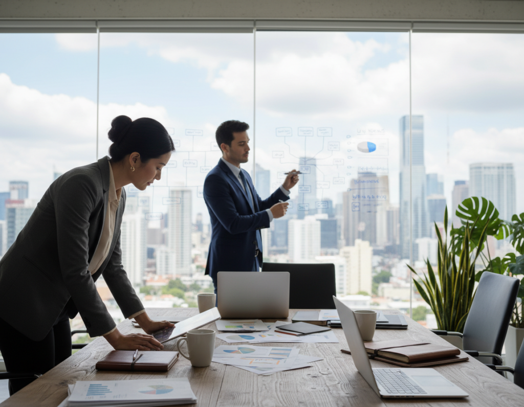 A serene office environment featuring a diverse group of professionals engaged in strategic brainstorming. In the foreground, a woman in business attire analyzes a complex mind map displayed on a digital tablet, while a man in a sharp suit takes notes on a whiteboard filled with charts and diagrams. In the middle, a large conference table is cluttered with laptops, documents, and coffee cups, illustrating a collaborative atmosphere. The background showcases a bright meeting room with glass walls, lush plants, and a cityscape view, suggesting a dynamic urban setting. Soft, natural lighting filters in, creating an inspiring and focused mood, with a slight depth of field effect to emphasize the subjects in action. A serene office environment featuring a diverse group of professionals engaged in strategic brainstorming. In the foreground, a woman in business attire analyzes a complex mind map displayed on a digital tablet, while a man in a sharp suit takes notes on a whiteboard filled with charts and diagrams. In the middle, a large conference table is cluttered with laptops, documents, and coffee cups, illustrating a collaborative atmosphere. The background showcases a bright meeting room with glass walls, lush plants, and a cityscape view, suggesting a dynamic urban setting. Soft, natural lighting filters in, creating an inspiring and focused mood, with a slight depth of field effect to emphasize the subjects in action.