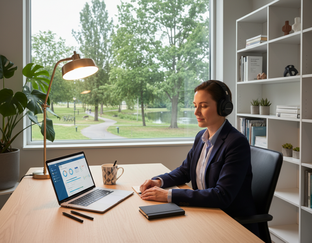 A serene office environment with a focus on productivity automation. In the foreground, a sleek modern desk with a high-tech laptop displaying a productivity app, surrounded by minimalist stationery. The middle layer showcases a person in professional business attire, concentrating on their work, wearing noise-canceling headphones. Soft, warm lighting from an overhead lamp creates an inviting atmosphere. The background features a large window with a view of a tranquil park, indicating a perfect spot for focused work. Subtle elements like plants and an organized bookshelf add to the ambiance. The scene captures a harmonious blend of technology and nature, promoting a sense of calm and concentration.