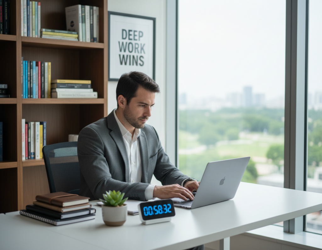 A serene workspace illustrating the theme "deep work wins." In the foreground, a professional, focused individual in business attire sits at a clean, modern desk, intently typing on a laptop, surrounded by organized notebooks and a potted plant. The middle ground features a large window allowing soft, natural light to illuminate the scene, creating a calming atmosphere. On the desk, a digital timer counts down, symbolizing focused productivity. The background includes a well-designed bookshelf filled with books on focus and productivity, subtly blurred to emphasize the individual’s concentration. The image should evoke a sense of tranquility and determination, showcasing the power of deep work in a professional setting.