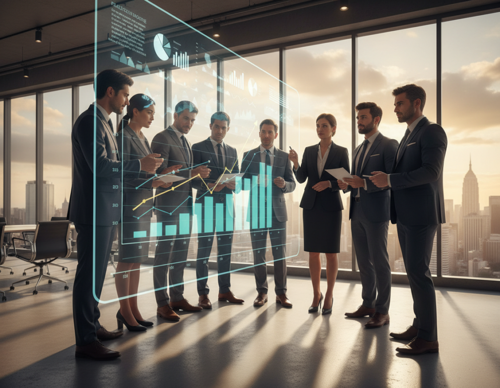 A strategic business scene illustrating long-term growth strategy. In the foreground, a diverse group of professionals in business attire, engaged in a deep discussion, analyzing a large, detailed growth chart on a digital screen. They display expressions of determination and collaboration. In the middle ground, a modern office environment with large windows allowing soft, natural light to filter in, casting gentle shadows. The background features a city skyline, symbolizing opportunity and expansion. The image has a crisp, high-resolution appearance, shot from a slight upward angle to convey ambition and aspiration, with a warm and inspiring mood, emphasizing teamwork and a forward-looking vision for professional advancement.