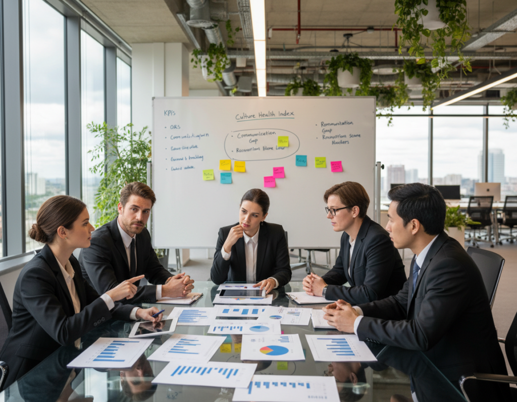 A thoughtful scene depicting a corporate office environment focused on measuring organizational culture. In the foreground, a diverse group of professionals, dressed in smart business attire, is engaged in a discussion around a large, clear glass table filled with documents, charts, and digital tablets displaying survey results. In the middle, a large whiteboard displays diagrams and key performance indicators relevant to corporate culture, with colorful sticky notes highlighting gaps. The background shows a modern office filled with greenery and large windows allowing natural light to filter in, creating an inviting atmosphere. The mood is collaborative and analytical, reflecting a focus on improvement and understanding. Soft lighting emphasizes the professionalism of the setting, while a shallow depth of field draws attention to the group’s engagement.