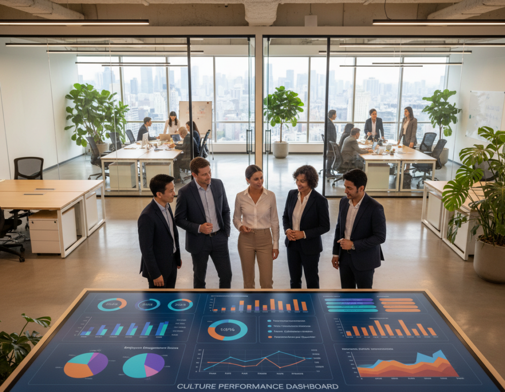 A visually engaging representation of "culture metrics" in a corporate environment. In the foreground, a group of diverse professionals in business attire is gathered around a large digital screen showing colorful graphs and metrics related to corporate culture. The middle ground features an open, modern office space with sleek furniture, plants, and a glass wall reflecting collaborative teamwork. In the background, large windows provide natural light, creating a bright and optimistic atmosphere. The scene is captured with a slightly elevated angle to emphasize teamwork and engagement. The lighting is warm and inviting, enhancing the mood of collaboration and innovation, symbolizing the strategic measurement of culture as a vital business system. A visually engaging representation of "culture metrics" in a corporate environment. In the foreground, a group of diverse professionals in business attire is gathered around a large digital screen showing colorful graphs and metrics related to corporate culture. The middle ground features an open, modern office space with sleek furniture, plants, and a glass wall reflecting collaborative teamwork. In the background, large windows provide natural light, creating a bright and optimistic atmosphere. The scene is captured with a slightly elevated angle to emphasize teamwork and engagement. The lighting is warm and inviting, enhancing the mood of collaboration and innovation, symbolizing the strategic measurement of culture as a vital business system.