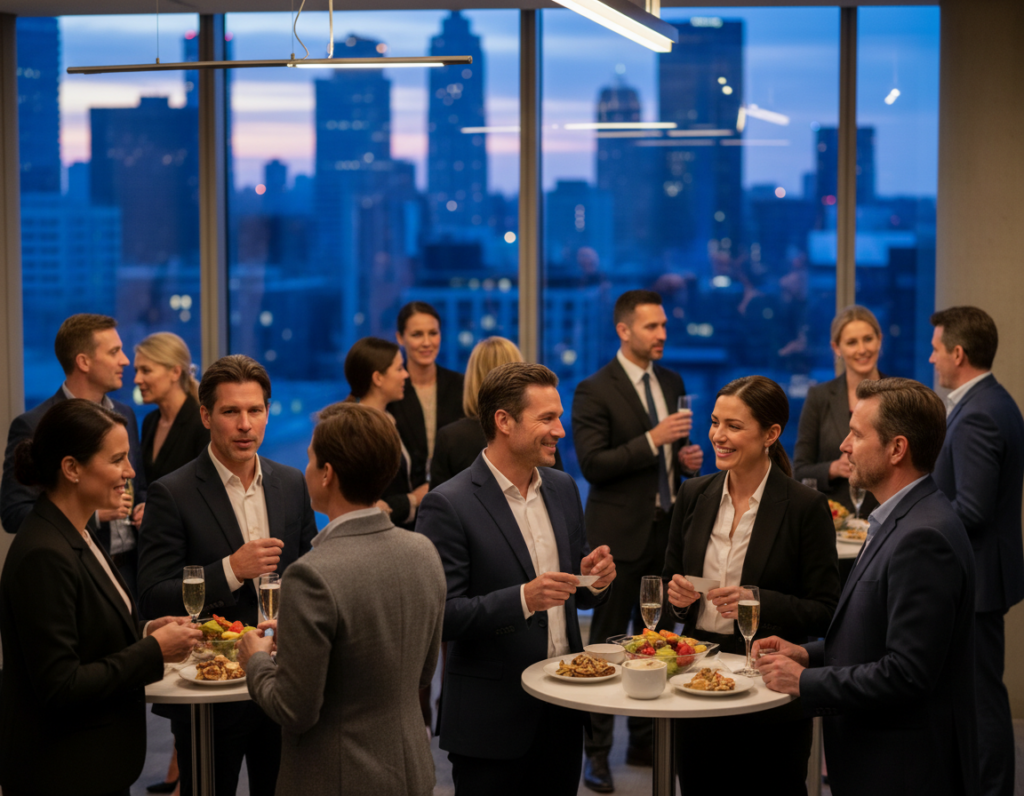 A visually engaging scene depicting a professional networking event in an upscale urban setting. In the foreground, a diverse group of mid-career professionals in business attire are engaged in dynamic conversations. Some are exchanging business cards while others are sharing ideas, showing enthusiasm and collaboration. The middle ground features elegant cocktail tables adorned with refreshments, adding to the networking atmosphere. The background showcases a stylish city skyline at dusk, with soft lighting from overhead fixtures casting a warm glow on the scene. Capture this moment from a slightly elevated angle to emphasize the interactions and connections being made, evoking a sense of opportunity and growth. The mood is vibrant and inspiring, with a focus on ambition and professional advancement. A visually engaging scene depicting a professional networking event in an upscale urban setting. In the foreground, a diverse group of mid-career professionals in business attire are engaged in dynamic conversations. Some are exchanging business cards while others are sharing ideas, showing enthusiasm and collaboration. The middle ground features elegant cocktail tables adorned with refreshments, adding to the networking atmosphere. The background showcases a stylish city skyline at dusk, with soft lighting from overhead fixtures casting a warm glow on the scene. Capture this moment from a slightly elevated angle to emphasize the interactions and connections being made, evoking a sense of opportunity and growth. The mood is vibrant and inspiring, with a focus on ambition and professional advancement.