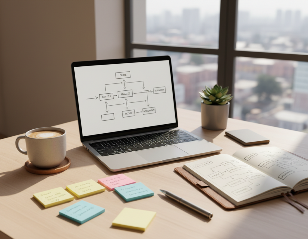 A well-organized desk scene illustrating "process tools" for better thinking. In the foreground, a neatly arranged set of colorful sticky notes, a high-quality notebook, and a sleek pen are visible, symbolizing brainstorming and documentation. The middle layer features a modern laptop displaying flowcharts and diagrams related to decision-making processes, surrounded by a cup of coffee and a plant for a touch of relaxation. In the background, a large window allows natural light to illuminate the space, casting soft shadows and creating a warm atmosphere. The overall mood is one of focus and productivity, emphasizing organization and clarity in the journey of building effective mental frameworks for decision-making. The angle captures the desk from a slight overhead view, providing an overview of the tools involved in practical implementation.