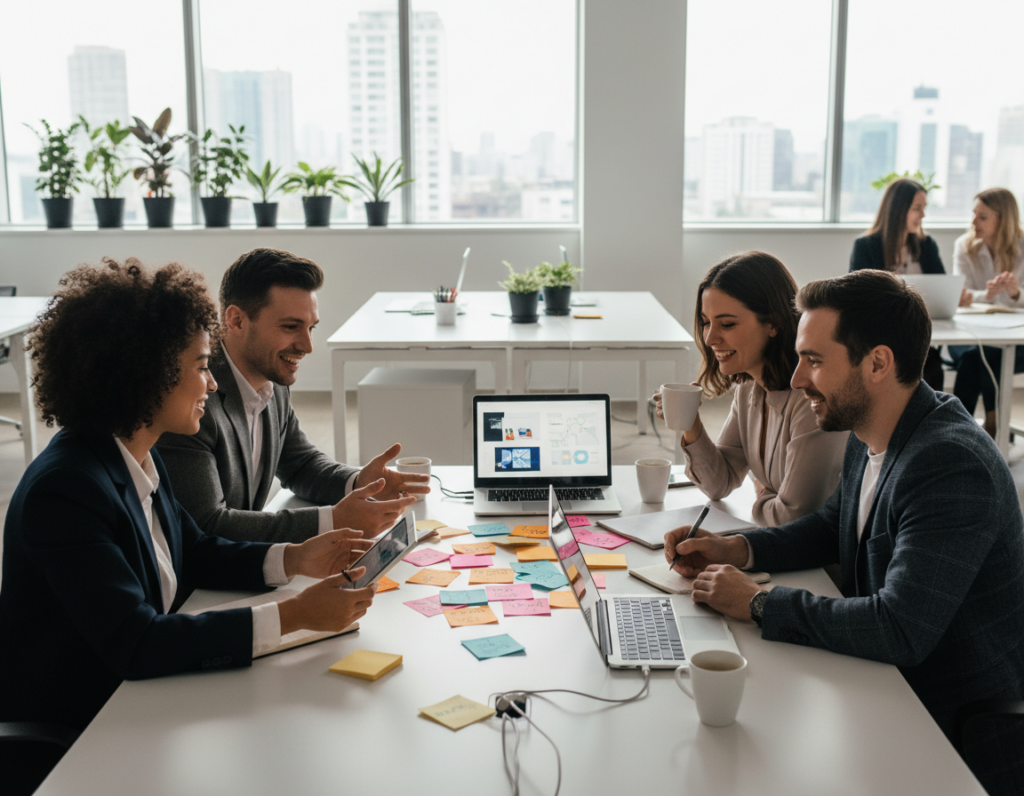 In a modern office environment, a diverse team of four professionals huddles around a sleek conference table, engaged in a collaborative discussion. The foreground features two women and two men, all dressed in smart business attire—suits, blazers, and smart blouses—enthusiastically exchanging ideas. In the middle ground, colorful sticky notes and open laptops display brainstorming efforts, conveying a vibrant energy. The background illustrates a contemporary office space with large windows allowing natural light to pour in, illuminating the atmosphere with a warm glow. The angle captures both the expressions of engagement and the flow of ideas among team members, creating a sense of camaraderie. The mood is positive and collaborative, emphasizing teamwork in a dynamic professional setting. In a modern office environment, a diverse team of four professionals huddles around a sleek conference table, engaged in a collaborative discussion. The foreground features two women and two men, all dressed in smart business attire—suits, blazers, and smart blouses—enthusiastically exchanging ideas. In the middle ground, colorful sticky notes and open laptops display brainstorming efforts, conveying a vibrant energy. The background illustrates a contemporary office space with large windows allowing natural light to pour in, illuminating the atmosphere with a warm glow. The angle captures both the expressions of engagement and the flow of ideas among team members, creating a sense of camaraderie. The mood is positive and collaborative, emphasizing teamwork in a dynamic professional setting.