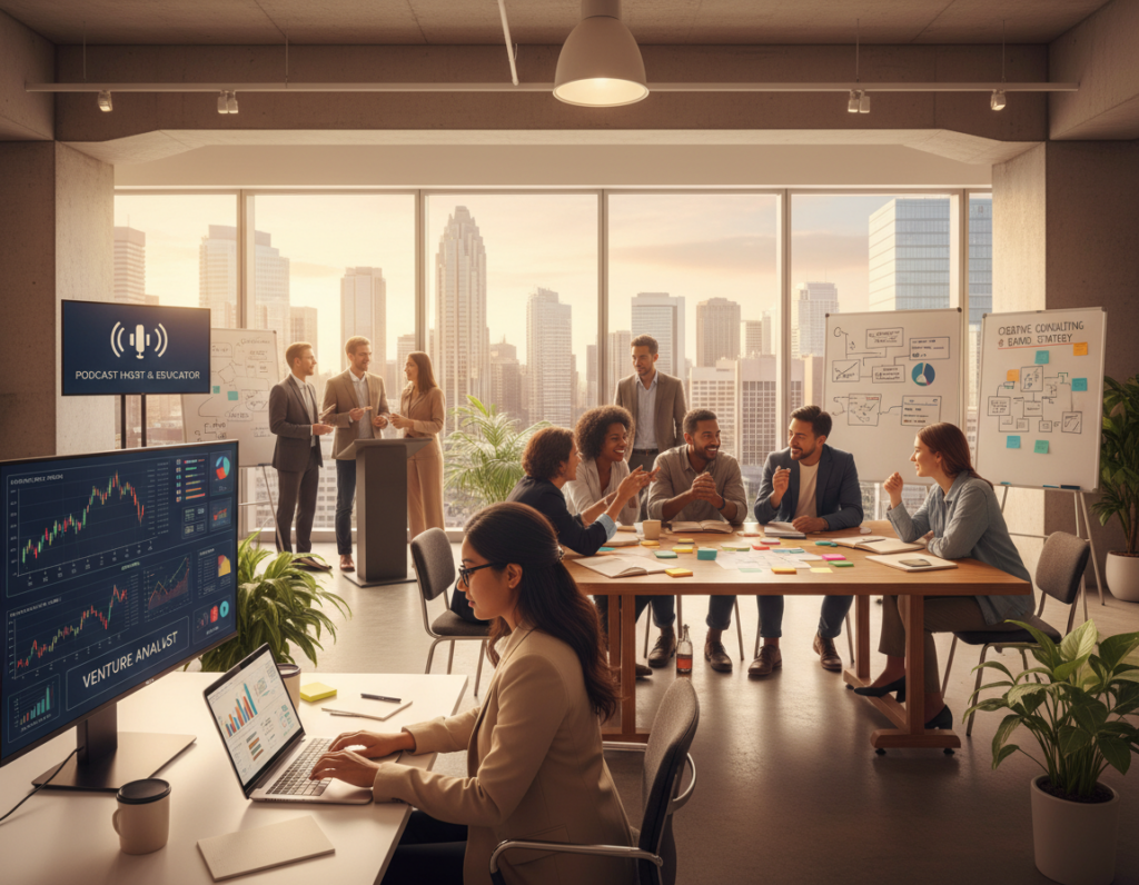 A bustling, modern workspace filled with diverse professionals engaged in various activities representing a portfolio career. In the foreground, a confident woman in business attire reviews documents while working at a laptop, showcasing focus and determination. The middle section features a creative brainstorming session with a diverse team, exchanging ideas with colorful sticky notes and diagrams spread out on a large table. In the background, large windows allow natural light to pour in, illuminating an urban skyline, hinting at the expansive opportunities of multiple income streams. The atmosphere is vibrant and dynamic, inspiring innovation and collaboration. Use a warm color palette with soft lighting to evoke a sense of optimism and growth, captured from a slightly elevated angle to emphasize the energy and interactivity of the workspace.