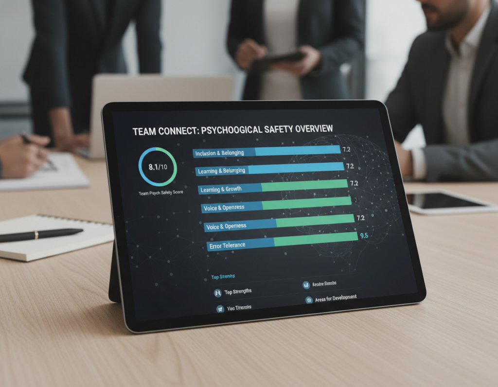 A clean digital interface showing a psychological safety assessment dashboard with bar charts and numerical scores from one to ten.