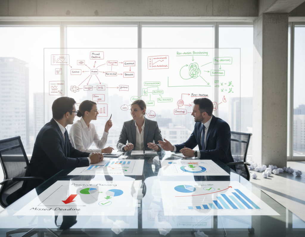 A conceptual representation of inversion mental models in a professional business setting. In the foreground, a diverse group of four business professionals—two men and two women—are engaged in deep discussion around a large, transparent table filled with colorful charts and diagrams that illustrate failures and their inversions. The middle ground features a large whiteboard filled with mind maps and flowcharts, some of which are crumpled papers illustrating past failures. In the background, a modern office setting with large windows allows natural light to flood in, creating a bright and focused atmosphere. The scene conveys a sense of collaboration, innovation, and strategic thinking, highlighting the importance of avoiding pitfalls through inversion principles. A conceptual representation of inversion mental models in a professional business setting. In the foreground, a diverse group of four business professionals—two men and two women—are engaged in deep discussion around a large, transparent table filled with colorful charts and diagrams that illustrate failures and their inversions. The middle ground features a large whiteboard filled with mind maps and flowcharts, some of which are crumpled papers illustrating past failures. In the background, a modern office setting with large windows allows natural light to flood in, creating a bright and focused atmosphere. The scene conveys a sense of collaboration, innovation, and strategic thinking, highlighting the importance of avoiding pitfalls through inversion principles.