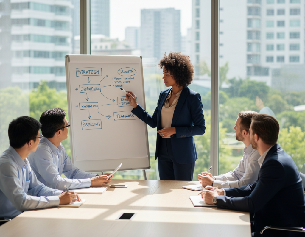 A diverse group of empowered managers, both men and women, collaborate in a bright, modern office setting. In the foreground, a confident woman in professional attire leads a discussion, gesturing toward a whiteboard filled with charts and ideas. In the middle, a few engaged managers of various backgrounds are seated around a sleek conference table, taking notes and sharing insights, reflecting teamwork and mutual respect. The background features large windows allowing natural light to flood the room, revealing a vibrant cityscape and greenery outside, enhancing the atmosphere of growth and opportunity. The lighting is warm and inviting, creating a sense of motivation and support. The image captures the essence of trust and empowerment in leadership, emphasizing collaboration and open communication.