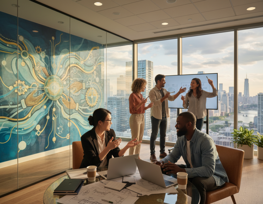 A diverse group of professionals engaged in a collaborative discussion in a modern office environment, representing informal power structures. In the foreground, two individuals, one Asian and one Black, are sharing ideas, surrounded by laptops and project materials, exuding a sense of equity and transparency. In the middle ground, a small team of three is participating in a brainstorming session, gesturing enthusiastically, with a glass wall revealing a vibrant cityscape beyond. The background features an inspiring mural symbolizing interconnectedness and transparency in power dynamics. The lighting is warm and inviting, with soft natural light streaming through large windows, creating a dynamic yet approachable atmosphere that encourages open communication and collaboration.