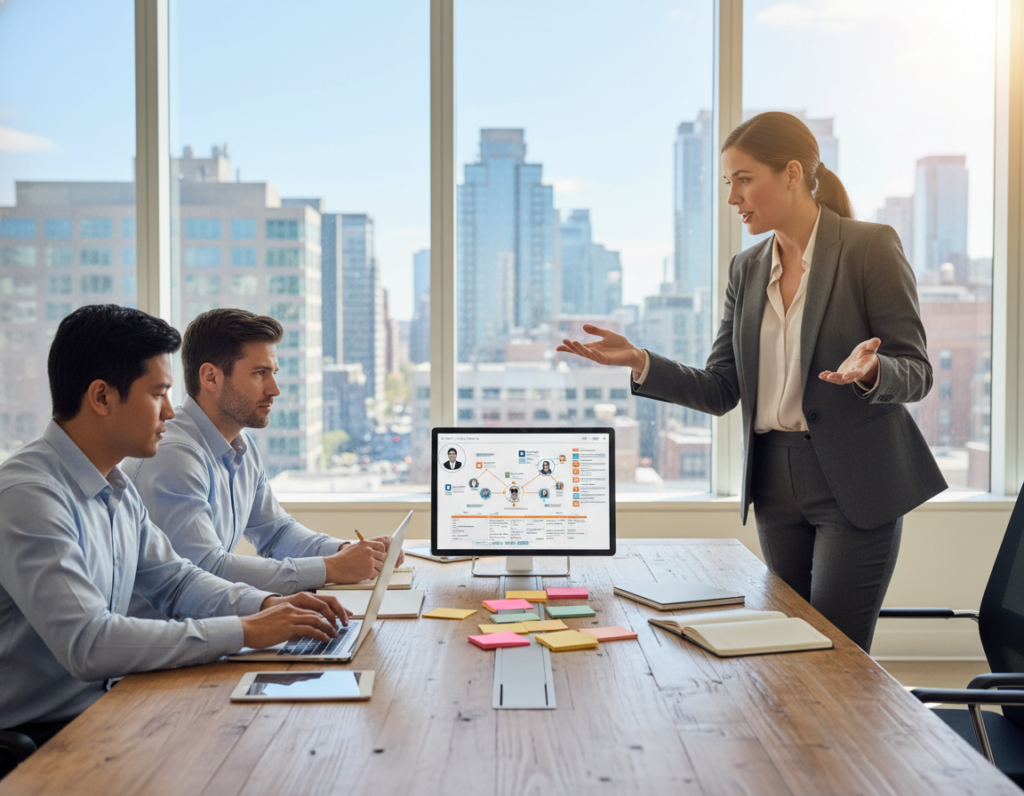 A diverse group of professionals in a modern office setting, engaged in a collaborative brainstorming session. Foreground: a confident woman in a tailored suit, gesturing as she shares ideas, while a focused man in casual business attire takes notes on a laptop. Middle: a conference table scattered with colorful post-it notes, digital tablets, and a tablet displaying a collaborative project plan. Background: large windows revealing a bustling cityscape and bright, natural light flooding the room. The atmosphere is dynamic and optimistic, symbolizing teamwork. Soft lighting highlights their engaged expressions, capturing a sense of resilience and creativity as they tackle common collaboration challenges together, portraying the essence of overcoming barriers in a unified effort.