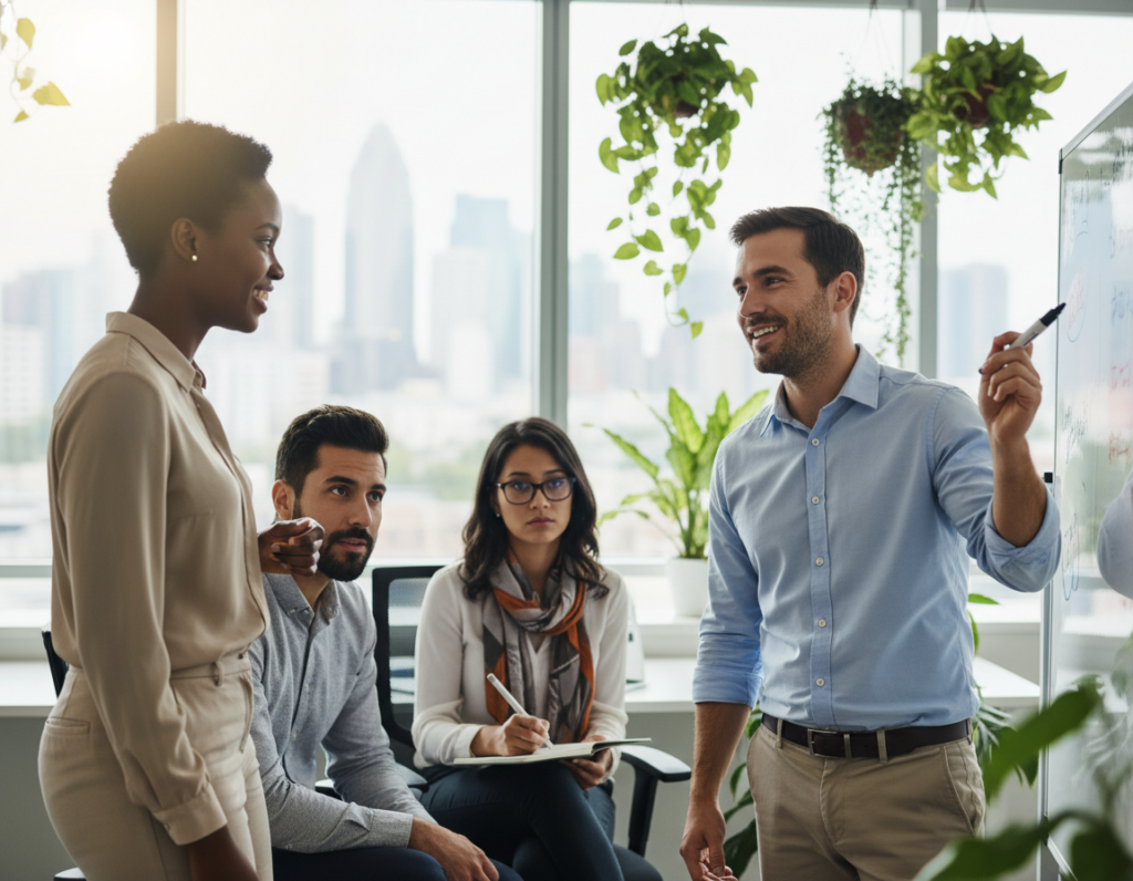 A diverse group of professionals in a modern office setting, engaged in a lively brainstorming session. In the foreground, a Black woman in modest business attire is smiling and encouraging a White man in a smart casual shirt to share his ideas. In the middle, a South Asian woman with glasses is taking notes, looking thoughtful, while a Hispanic man leans forward, actively listening with a supportive expression. The background features large windows allowing natural light to flood the room, plants adding warmth and vibrancy. The atmosphere is collaborative and open, symbolizing trust and encouragement among team members. The image conveys a sense of belonging and comfort, emphasizing the importance of speaking up in a safe environment. Soft lighting highlights the participants' engaged faces.