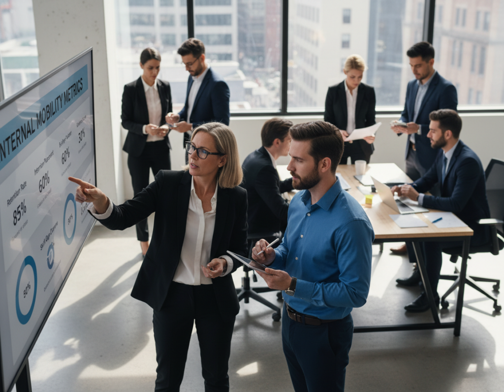 A modern office environment depicting a diverse group of professionals engaged in a collaborative discussion over a digital dashboard displaying internal mobility metrics. In the foreground, a middle-aged woman in professional attire points to key performance indicators on a screen, while a young man next to her takes notes on a tablet. The middle ground shows other team members analyzing reports and sharing insights, highlighting a sense of teamwork. The background features large windows with natural light streaming in, casting soft shadows. A mood of focused productivity and innovation permeates the scene, emphasizing the importance of measuring success in internal mobility initiatives. The angle is slightly elevated, capturing the dynamics of the team while maintaining a clear view of the data displayed.