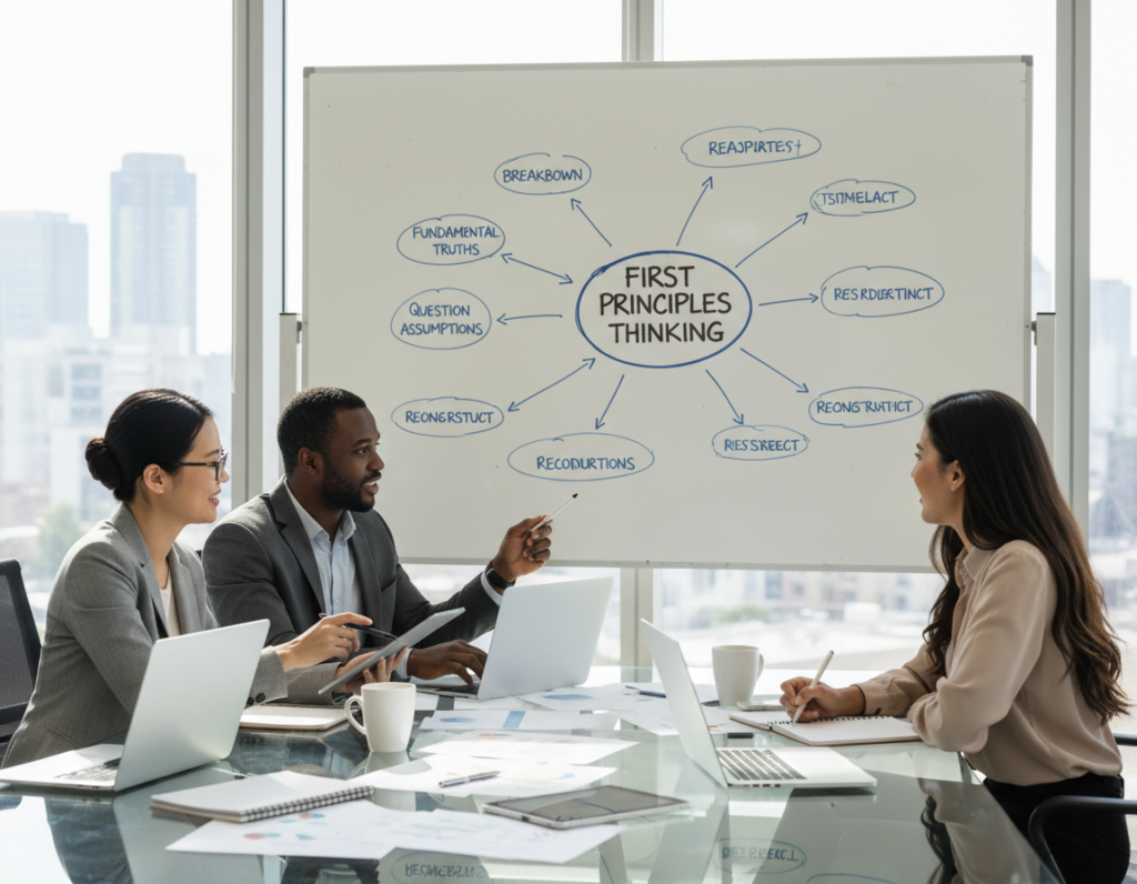 A modern office environment showcasing a professional brainstorming session. In the foreground, a diverse group of three professionals in business attire - a woman of Asian descent, a Black man, and a Hispanic woman - are collaborating around a sleek glass table filled with notebooks, laptops, and diagrams. The middle ground features a large whiteboard filled with mind maps and flowcharts illustrating the concept of first principles thinking, highlighting the breakdown of complex challenges into fundamental truths. In the background, large windows allow natural light to pour in, illuminating the space and creating a bright, focused atmosphere. The mood is collaborative and innovative, reflecting an active problem-solving session. The angle captures the dynamic interaction of the team as they engage in deep discussion. A modern office environment showcasing a professional brainstorming session. In the foreground, a diverse group of three professionals in business attire - a woman of Asian descent, a Black man, and a Hispanic woman - are collaborating around a sleek glass table filled with notebooks, laptops, and diagrams. The middle ground features a large whiteboard filled with mind maps and flowcharts illustrating the concept of first principles thinking, highlighting the breakdown of complex challenges into fundamental truths. In the background, large windows allow natural light to pour in, illuminating the space and creating a bright, focused atmosphere. The mood is collaborative and innovative, reflecting an active problem-solving session. The angle captures the dynamic interaction of the team as they engage in deep discussion.