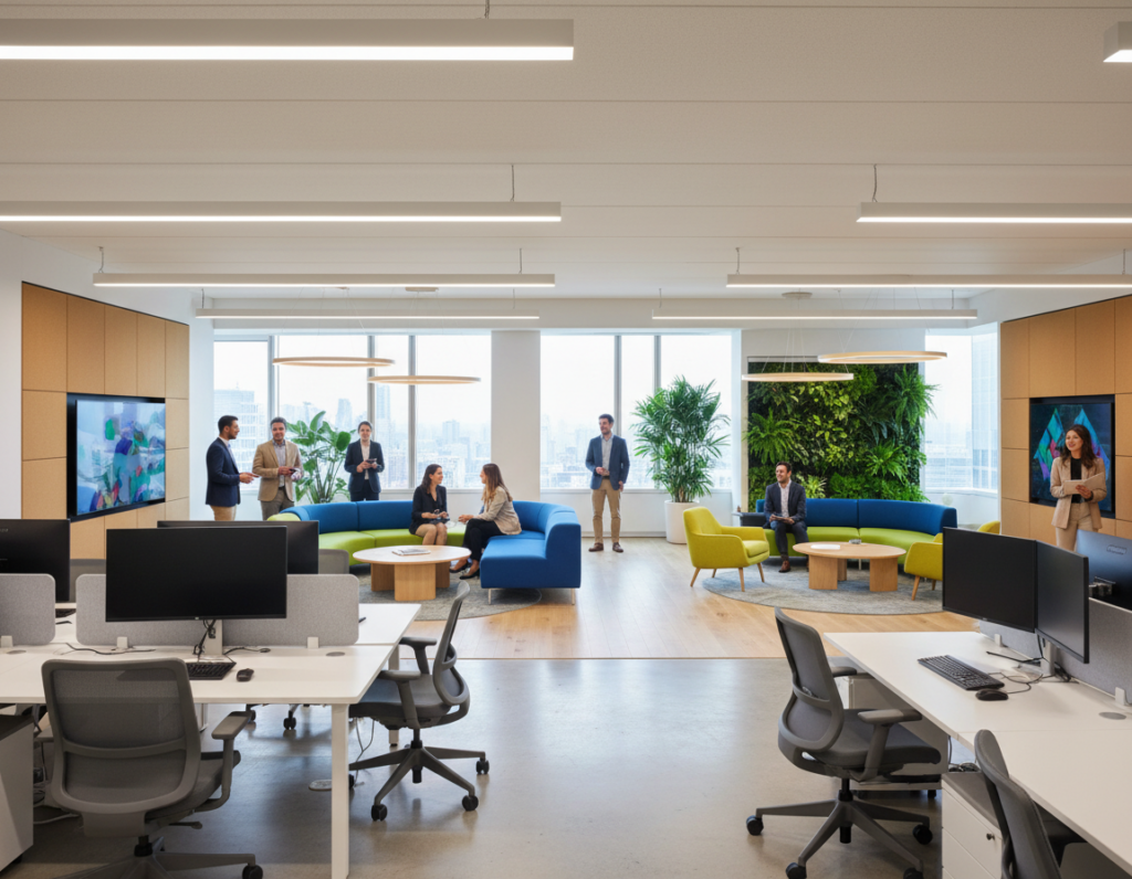A modern office space designed for hybrid collaboration, featuring a blend of open and private areas. In the foreground, sleek, ergonomic desks arranged in clusters with comfortable chairs, emphasizing teamwork. The middle section showcases a collaborative lounge area with soft seating, vibrant colors, and greenery, fostering creativity and relaxation. The background reveals floor-to-ceiling windows allowing natural light to flood the space, illuminating the contemporary decor. Fluorescent and ambient overhead lighting enhance visibility. The angle captures the room from a slightly elevated perspective, creating depth. The mood is vibrant and inviting, reflecting a productive atmosphere. Human figures in professional attire are engaged in discussions and brainstorming, showcasing a dynamic work environment. The overall design promotes both focused work and collaborative efforts, embodying the essence of hybrid teamwork.