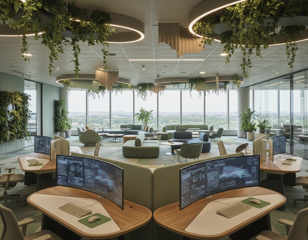 A modern office space designed for the future, featuring a blend of open and private work areas. In the foreground, sleek, ergonomic desks with advanced technology like interactive screens and compostable materials. The middle ground showcases collaborative spaces with comfortable seating, greenery, and sound-sensitive panels that promote focus. The background features large windows allowing natural light to flood the space, complemented by smart lighting that adjusts to enhance mood and productivity. The overall atmosphere is tranquil and inspiring, with soft colors and biophilic design elements. Capture this scene from a slightly elevated angle, highlighting the harmonious layout and inviting ambiance, perfect for fostering sustained focus in a professional setting.