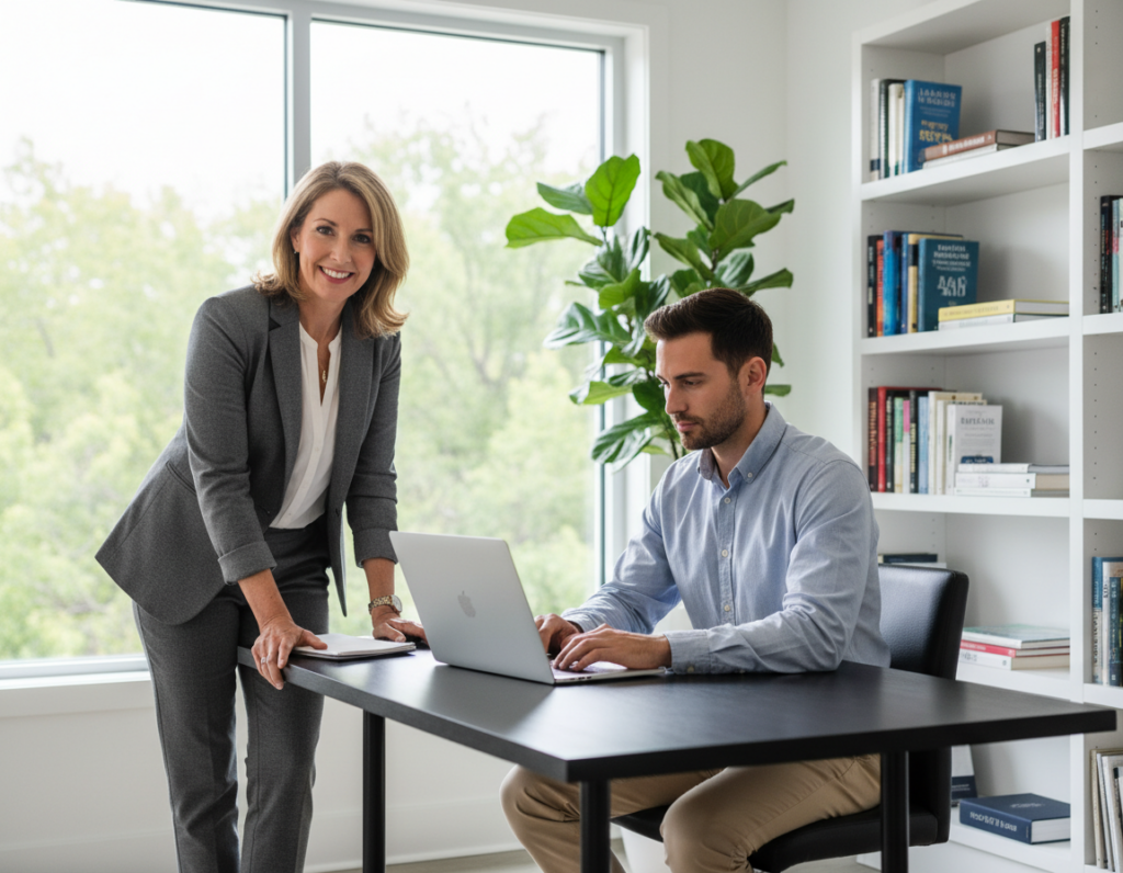 A professional coach and a business employee engaged in a constructive feedback conversation in a well-lit, modern office setting. In the foreground, the coach, a middle-aged woman in professional attire, is smiling confidently, leaning slightly forward, demonstrating engagement and support. The employee, a young man in a smart casual outfit, appears thoughtful and receptive, taking notes on a laptop. In the middle, a large window provides natural light, showcasing greenery outside, creating a calm atmosphere. The background features a bookshelf filled with motivational books and a potted plant, enhancing the theme of growth and positivity. The overall mood is encouraging and collaborative, embodying the essence of strengths-based coaching.