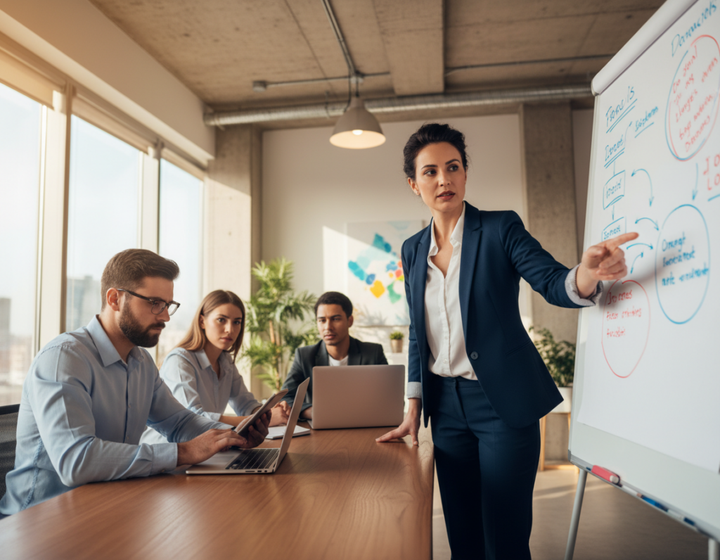A professional workspace featuring a diverse group of businesspeople engaged in a decision-making session. In the foreground, a confident woman in business attire points to a whiteboard filled with colorful charts and strategies. In the middle, a man reviews a document attentively, while another team member takes notes on a laptop. The background showcases a modern, bright office with large windows allowing soft natural light to flood the room. The atmosphere is collaborative and focused, with a warm color palette to evoke a sense of productivity. Use a wide-angle lens to capture the dynamics of the team, ensuring clarity in expressions that reflect determination and teamwork. The lighting should be bright but soft, highlighting the engaging nature of the meeting.