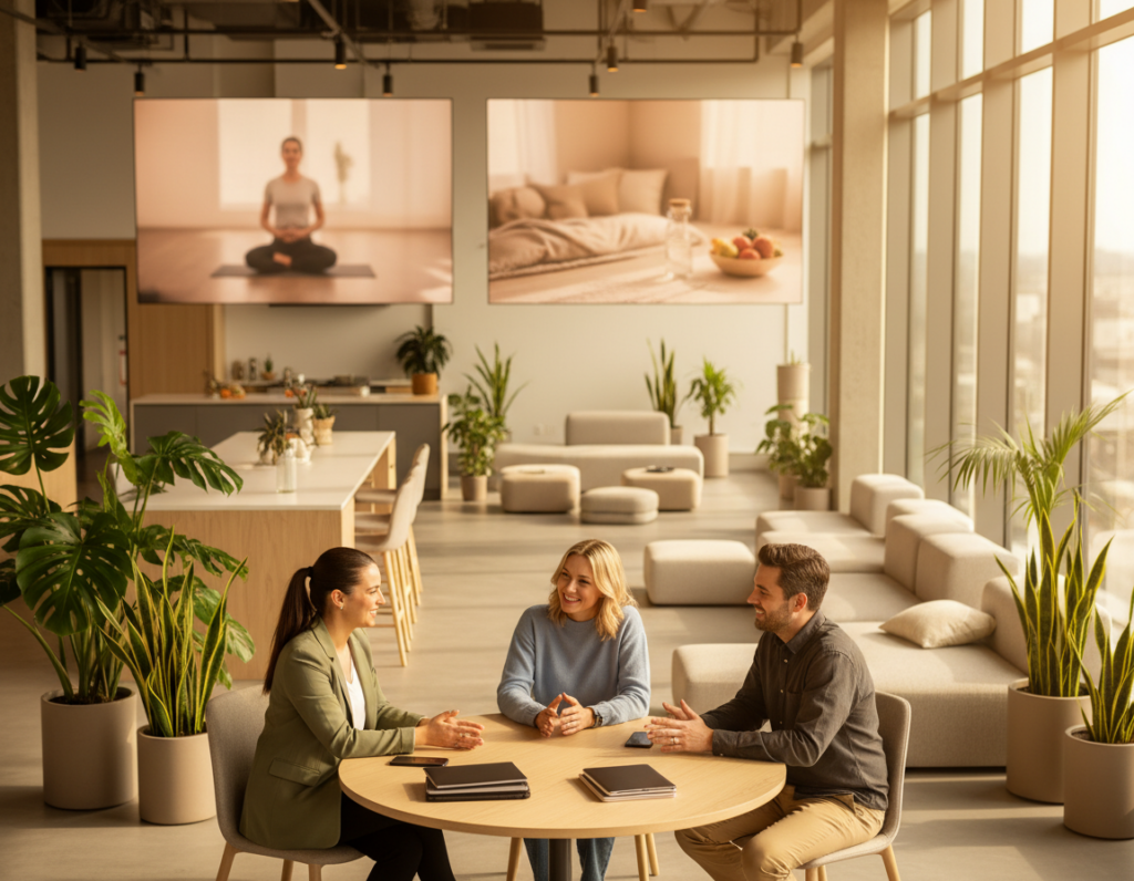 A professional workspace that embodies the concept of digital wellness. In the foreground, a diverse group of three people—two women and one man—all dressed in smart casual attire, are engaging in a collaborative discussion around a table, with digital devices set aside. In the middle, a bright and inviting office space filled with plants and natural light streaming through large windows, promoting a sense of calm and focus. In the background, soft-focus images of healthy lifestyle elements, such as a yoga space and a relaxation area, suggest a balance between work and wellbeing. The lighting is warm and soft, enhancing a peaceful atmosphere. The perspective is slightly elevated, capturing a harmonious blend of productivity and wellness.