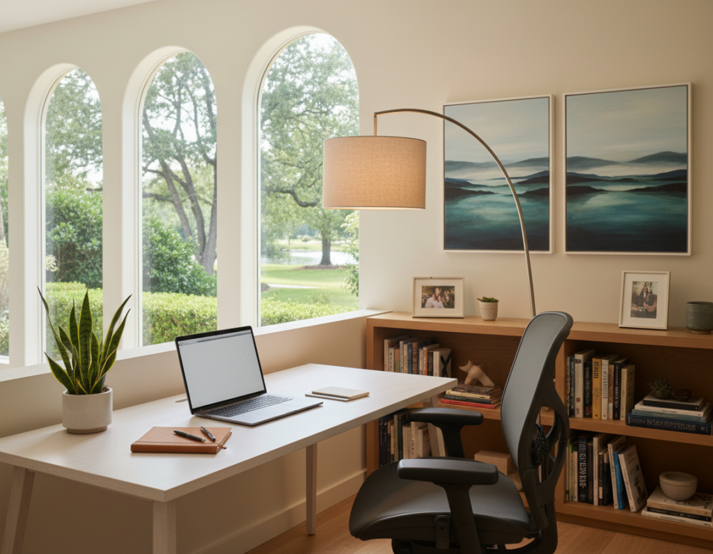 A serene, well-organized workspace that promotes concentration and mental clarity. In the foreground, a clean desk features a laptop, a notepad, and a calming plant, symbolizing focus and productivity. The middle ground showcases a comfortable, ergonomic chair and soft lighting emanating from a stylish desk lamp. Bookshelves lined with inspiring books add depth, while soothing artwork hangs on the walls. In the background, large windows allow natural light to flood the room, illuminating a peaceful outdoor view of greenery. The overall atmosphere is tranquil, inviting, and conducive to sustained attention. The lighting is warm and soft, creating an ambiance of comfort and focus, captured from a slightly elevated angle to emphasize the workspace's organization.