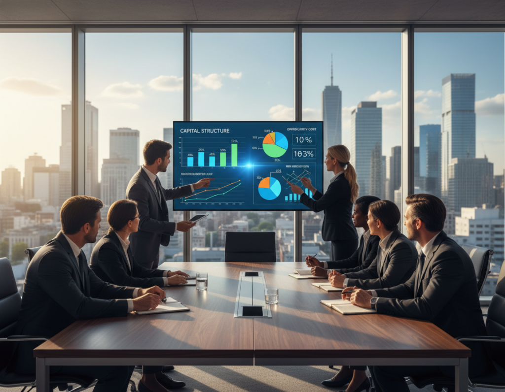 A sleek, modern office environment, with a large conference table at the forefront, surrounded by diverse professionals in business attire engaged in a strategic discussion about resource allocation. In the middle ground, a digital screen displays colorful graphs and charts representing capital structure and opportunity costs, with vibrant, clear visuals emphasizing key metrics. The background shows a city skyline through large windows, bathing the room in natural light, enhancing a sense of openness and focus. The atmosphere is charged with energy and collaboration, illustrating the significance of smart project prioritization. The image should have a clear focus, captured from a slightly elevated angle to convey the dynamics of teamwork and decision-making. A sleek, modern office environment, with a large conference table at the forefront, surrounded by diverse professionals in business attire engaged in a strategic discussion about resource allocation. In the middle ground, a digital screen displays colorful graphs and charts representing capital structure and opportunity costs, with vibrant, clear visuals emphasizing key metrics. The background shows a city skyline through large windows, bathing the room in natural light, enhancing a sense of openness and focus. The atmosphere is charged with energy and collaboration, illustrating the significance of smart project prioritization. The image should have a clear focus, captured from a slightly elevated angle to convey the dynamics of teamwork and decision-making.