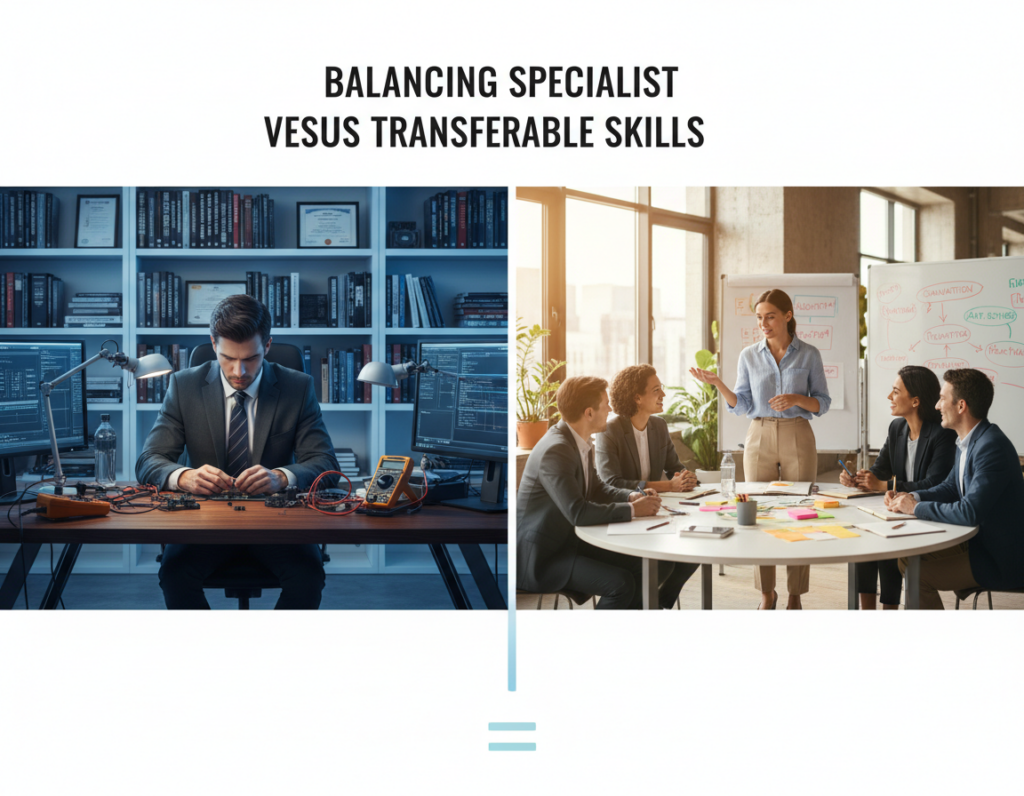 A split scene depicting the concept of "Balancing Specialist Versus Transferable Skills." On the left, an individual in a sharp business suit, focused intensely on a specific task at a desk laden with technical tools, symbolizing a specialist in a well-lit, modern office setting. The background features shelves filled with specialized books and certificates. On the right, a casually dressed professional, confidently engaging in a brainstorming session with a diverse team, showcasing collaboration and adaptable skills. The atmosphere is bright and inviting, with natural light streaming through large windows, creating a warm, balanced ambiance. The composition should evoke a sense of harmony between specialization and versatility, using a mid-angle shot to capture both scenes plus the contrast between them.
