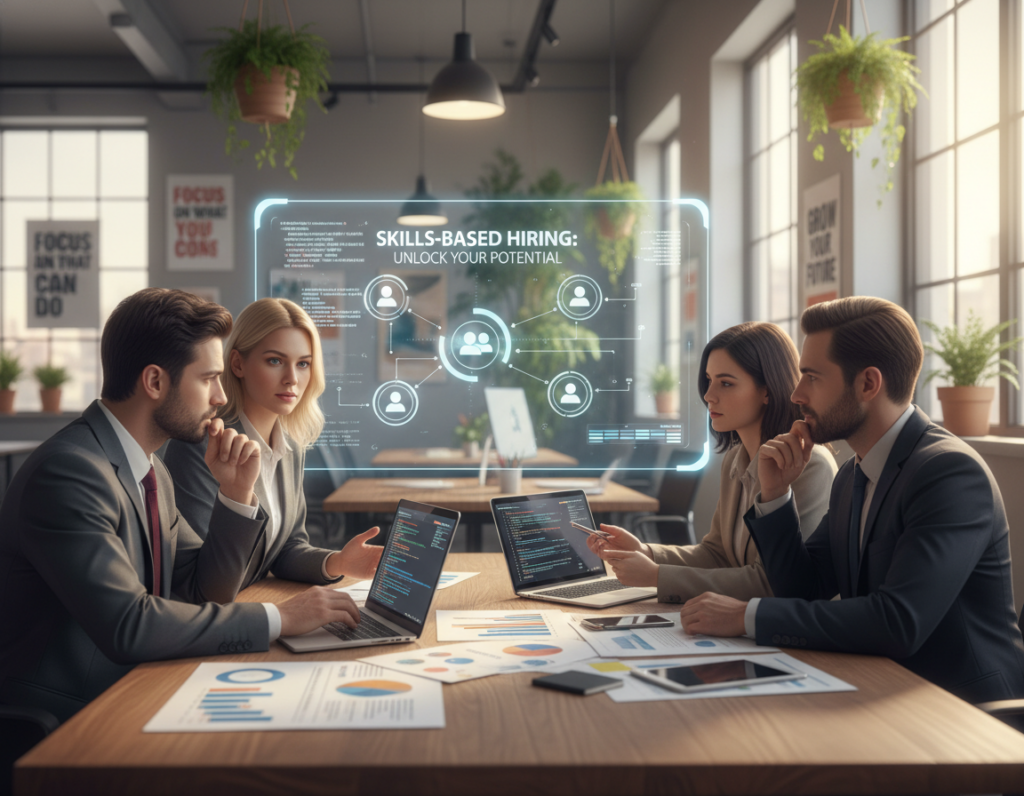 A thoughtful scene depicting the concept of skills-based hiring in a modern office environment. In the foreground, a diverse group of three professionals, dressed in business attire, are engaged in a collaborative discussion around a table filled with laptops and skill assessment charts. The middle of the image features a large digital screen displaying a colorful infographic about skills and career paths, highlighting the importance of skill matching in hiring. The background includes a bright and open workspace with motivational posters on the walls and plants, creating a vibrant atmosphere. Soft, natural lighting streams through large windows, illuminating the space, with a slightly blurred perspective to bring focus to the professionals' engaged expressions. The overall mood is optimistic and dynamic, portraying the positive impact of skills-based hiring on career planning.