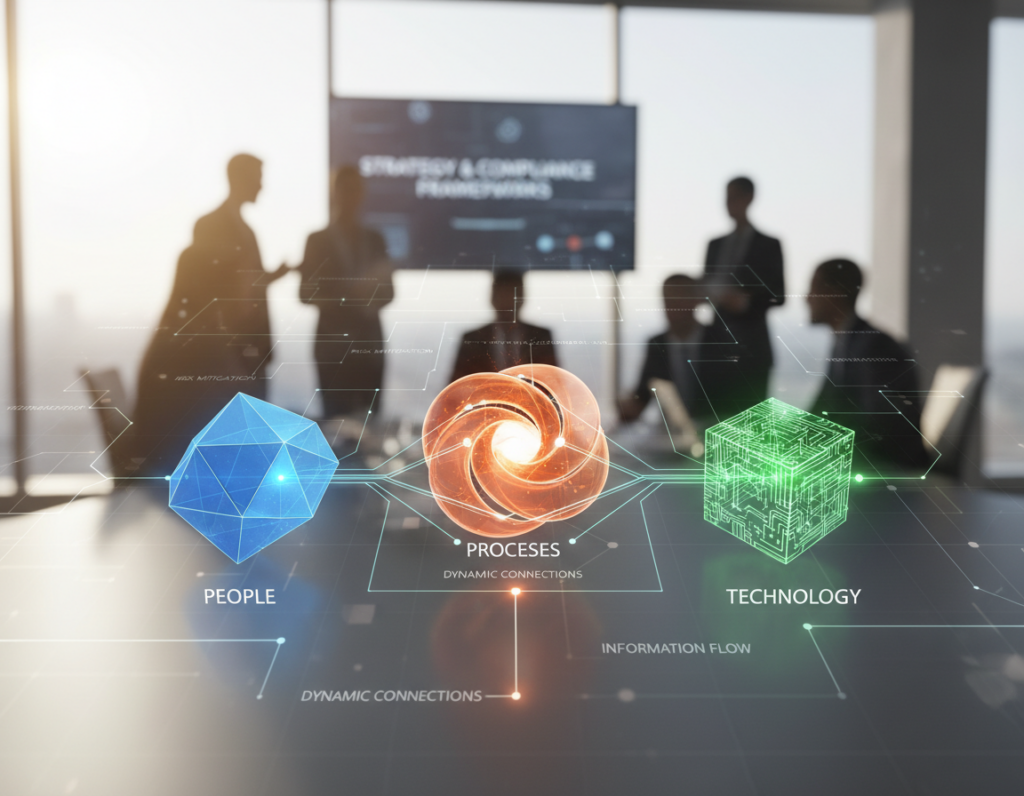 A visually striking, abstract representation of "Strategic Compliance Alignment Dimensions in Organizations." In the foreground, three interconnected, glowing geometric shapes symbolize the key dimensions: people, processes, and technology, each radiating a different color. The middle layer features a transparent chart that overlays the shapes, illustrating dynamic connections and the flow of information. In the background, a softly blurred corporate environment with silhouettes of professionals in business attire discussing strategies and compliance frameworks under warm, natural lighting creates a collaborative atmosphere. The angle should be from slightly above, giving a broad view of the alignment dimensions. The mood is insightful and focused, emphasizing the synergy between alignment and compliance in high-performing companies.