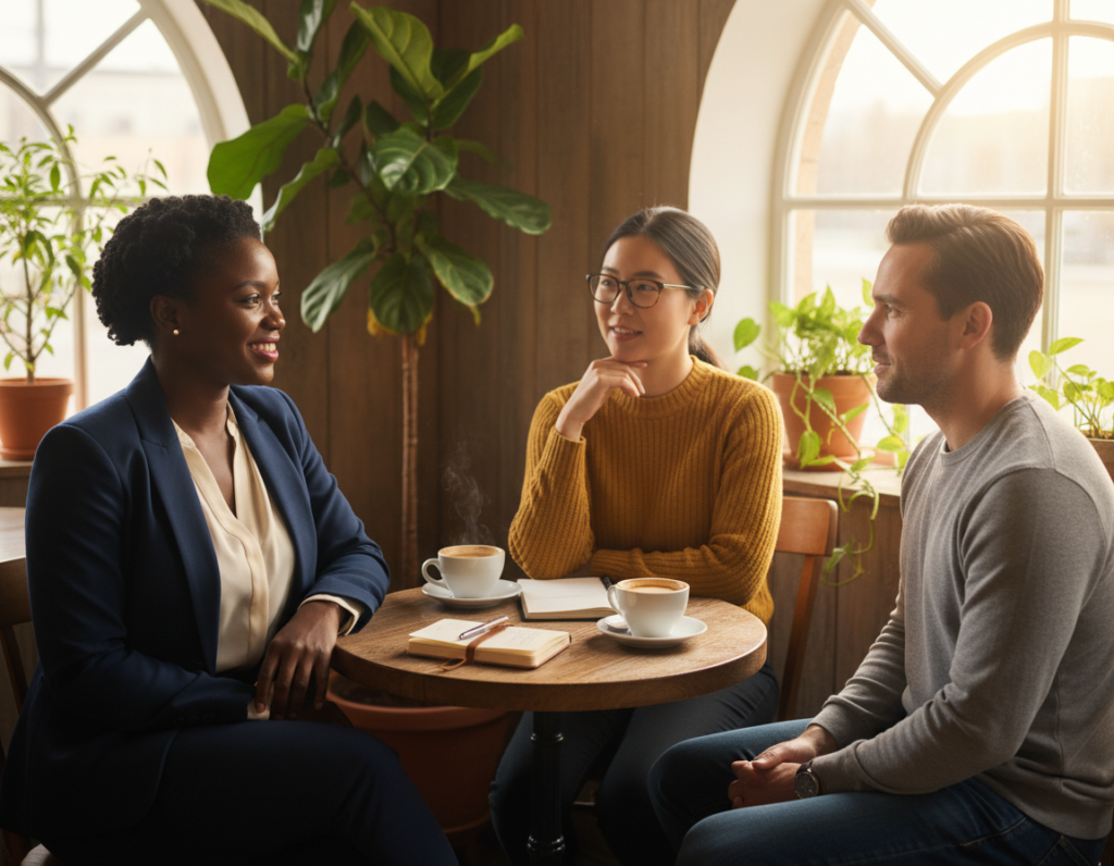 A warm, inviting scene showcasing a diverse group of three professionals engaging in a meaningful conversation in a cozy café setting. In the foreground, two individuals—a woman in smart business attire and a man in modest casual clothing—smile and make direct eye contact, illustrating rapport and genuine connection. The middle ground features a small round table with two steaming cups of coffee and a notebook, symbolizing collaboration and ideas being exchanged. In the background, soft light filters through large windows, casting a golden glow, enhancing the intimate atmosphere. The scene evokes a sense of trust and openness, with greenery from potted plants adding a touch of life, creating an environment conducive to authentic networking. The angle captured is slightly above eye level, creating a warm, accessible feel.