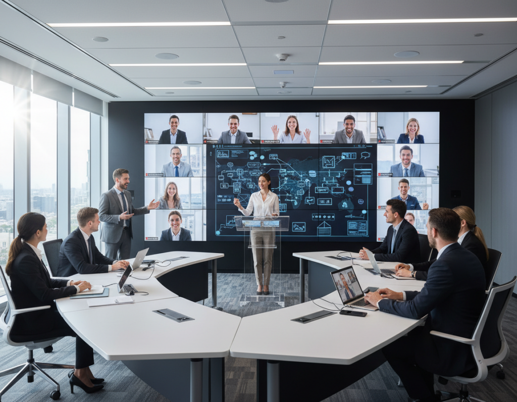 A wide-angle, photorealistic shot of a modern, sunlit corporate training room where in-person employees and remote participants on high-definition wall screens are engaged in an interactive digital whiteboarding session, emphasizing high-tech collaboration.