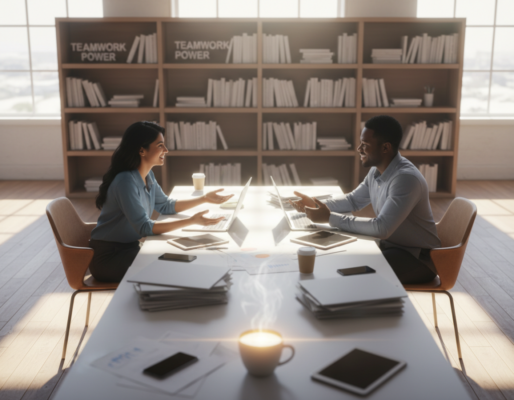 In a modern office setting, two diverse colleagues are engaged in a positive discussion over a table cluttered with documents and digital devices, displaying open body language to symbolize trust and collaboration. In the foreground, a warm-lit coffee cup sits invitingly, representing a casual atmosphere. The middle ground features a soft-focus bookshelf filled with books on teamwork and trust-building, enhancing the environment’s professional tone. The background reveals large windows letting in natural daylight, casting gentle shadows and adding vibrancy to the scene. The overall mood is optimistic and collaborative, reflecting the essence of actionable strategies to build workplace trust, captured from a slightly elevated angle to emphasize connection.